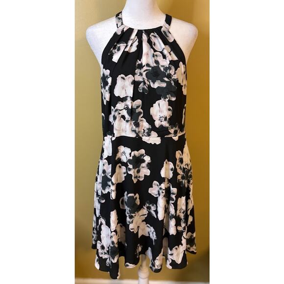 Express Black Floral Halter Neck Mini Dress - Size 12 - Picture 1 of 10
